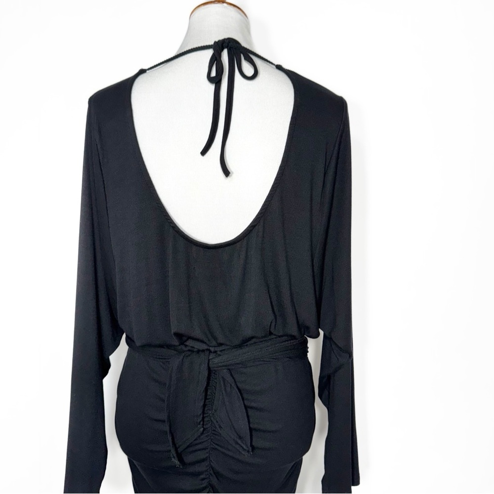 NWT Free People Black Wrap Tie Waist Dolman Long Sleeve Knit LBD Mini Dress M - Picture 9 of 12